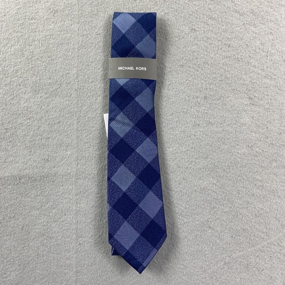 Michael Kors Tie Mens One Size Navy Blue Maysen Check Necktie Silk Blend - Picture 1 of 5